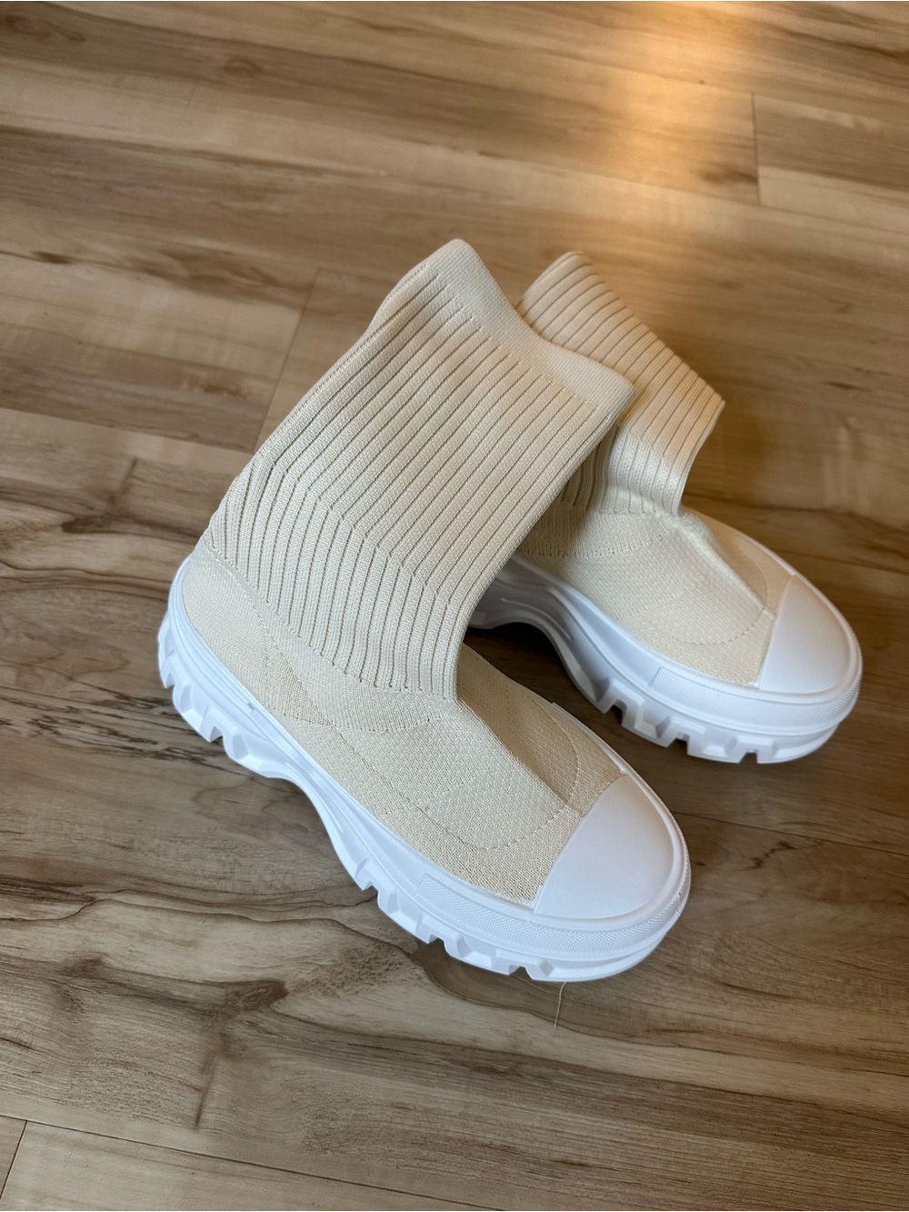 Women Cream Knit Sock Sneakers with White Sole